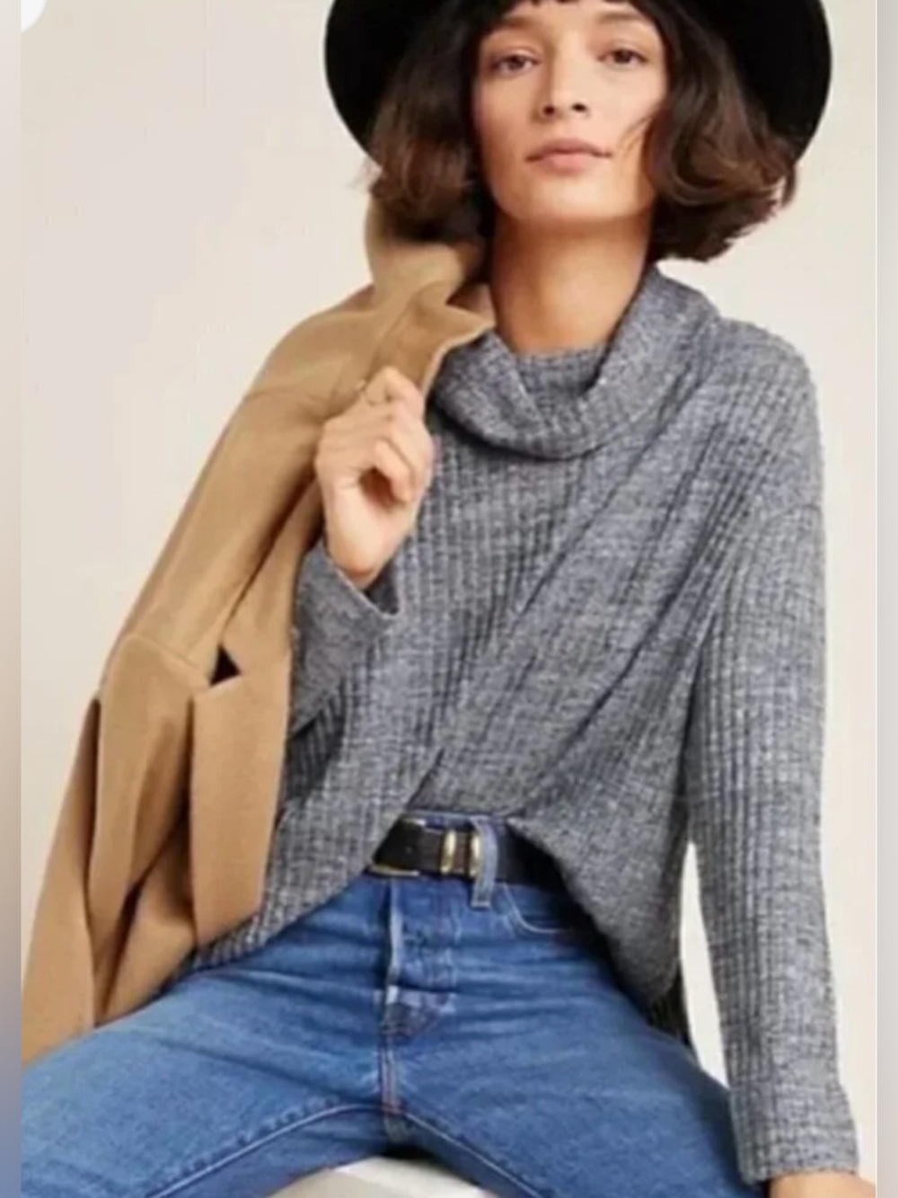 Maeve By Anthropologie Gray Ribbed Cowl-Neck Oversized Buttery Soft Sweater